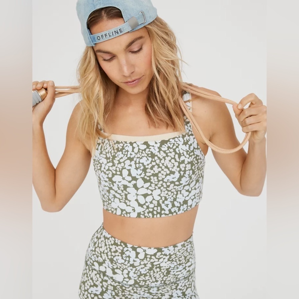 Offline by aerie printed square neck sports bra in Olive Fun